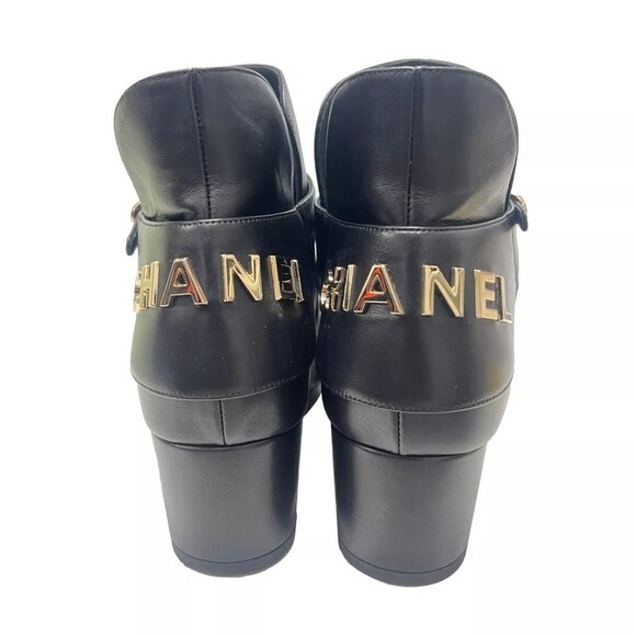 $1575 Chanel 21A Black Leather Velvet Toe Cap Logo Gold Strap Ankle Boot 10.5/41 - Picture 7 of 15